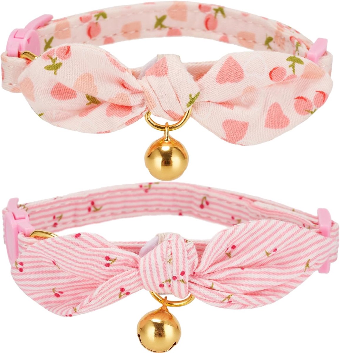 Set of 2 Soft Cotton Cat Collars with Detachable Hand Knotted Bow Tie with Quick Release and Bell for Pink Cherry - ShopVlot
