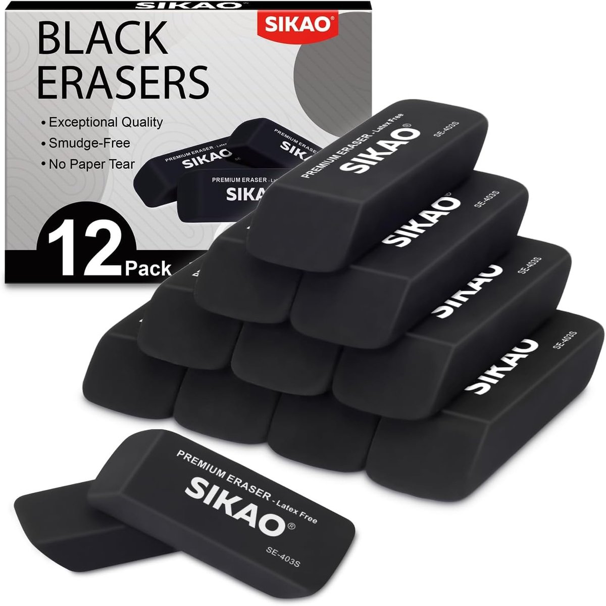 Black Erasers 12 Pack Pencil Erasers for Kids, Black Bevel Eraser Latex Free - ShopVlot