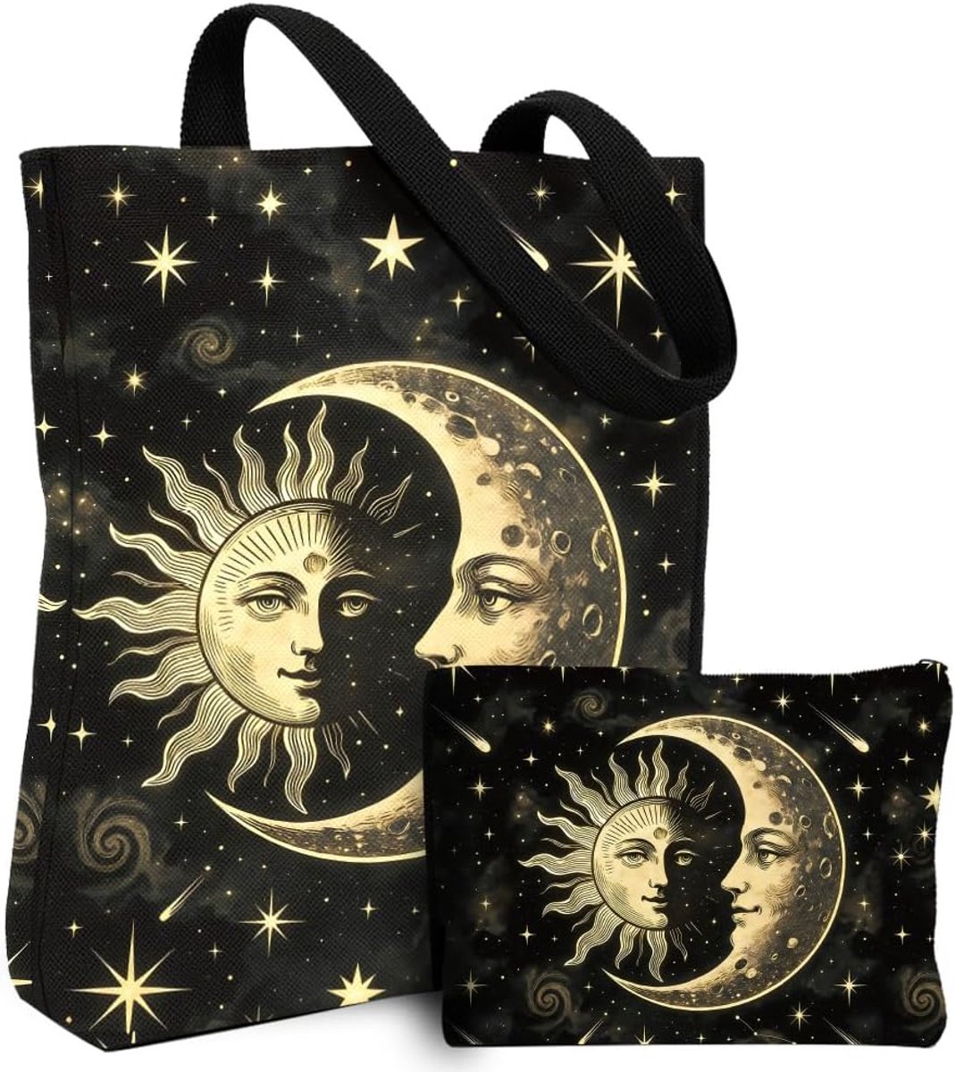 2 Pcs Canvas Tote Bag for Women with Cosmetic Bag Skeleton Sun Moon Wildflowers Reusable Shopping Bag Aesthetic - ShopVlot