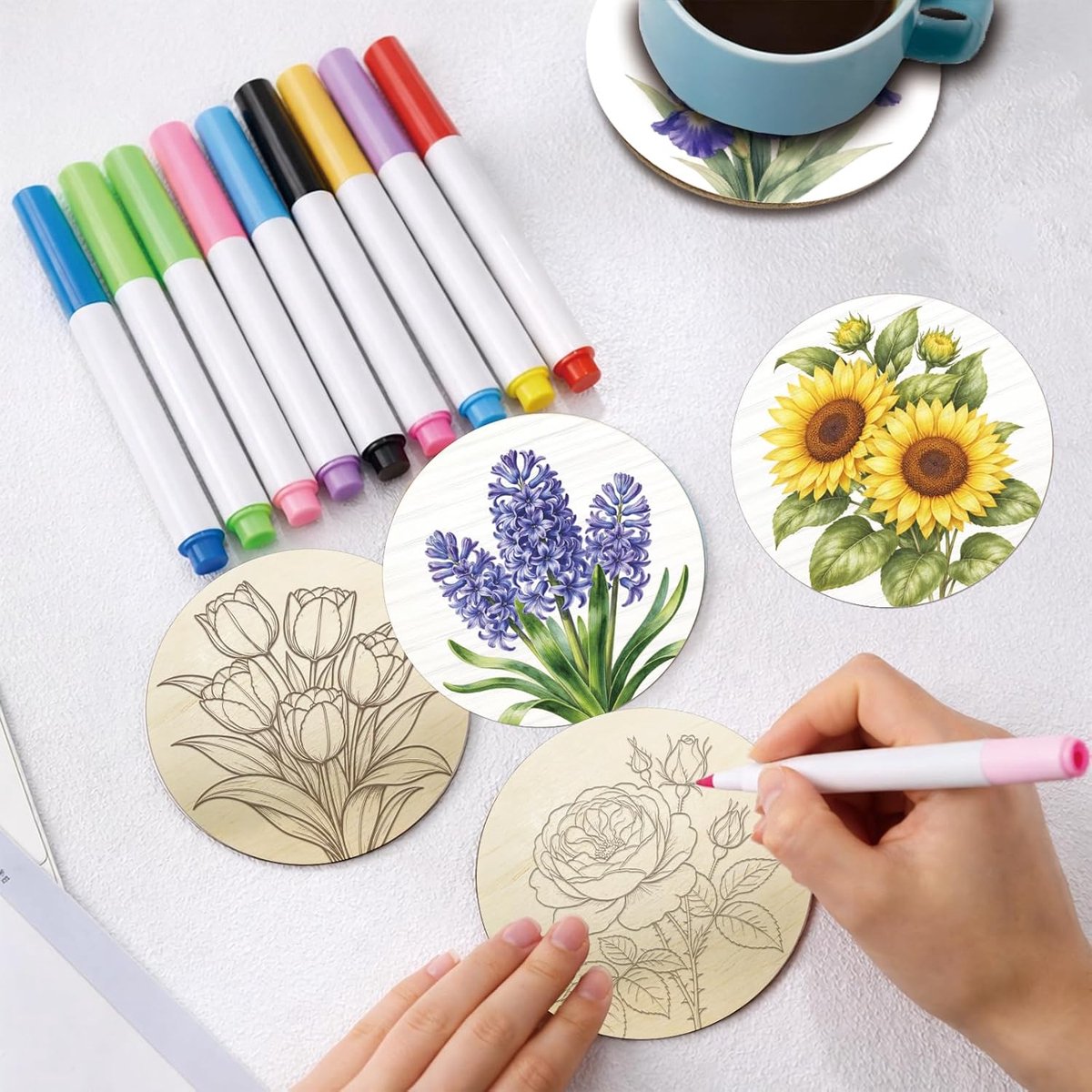 twinklemon 10 stuks houten onderzetters schilderset, 10 cm bloemen doe-het-zelf kunst schilderij onderzetter met 8 - ShopVlot