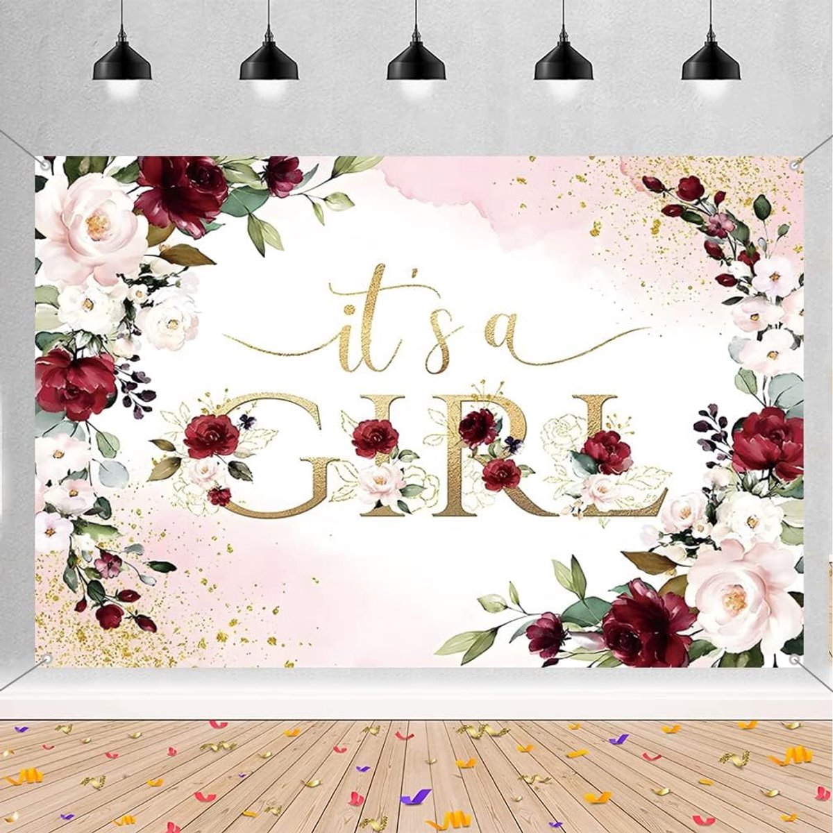 It's a Girl Baby Shower Background Red and Pink Flowers Baby Shower Photography Background Flower Baby Girl Party - ShopVlot