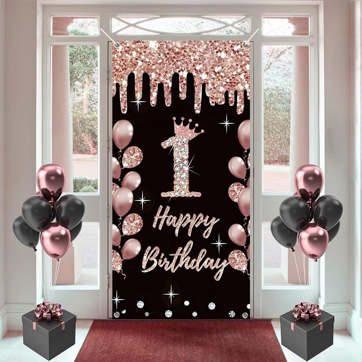 1st birthday decoration for girls happy 1st birthday poster door banner black and pink fabric sign wall/door banner - ShopVlot