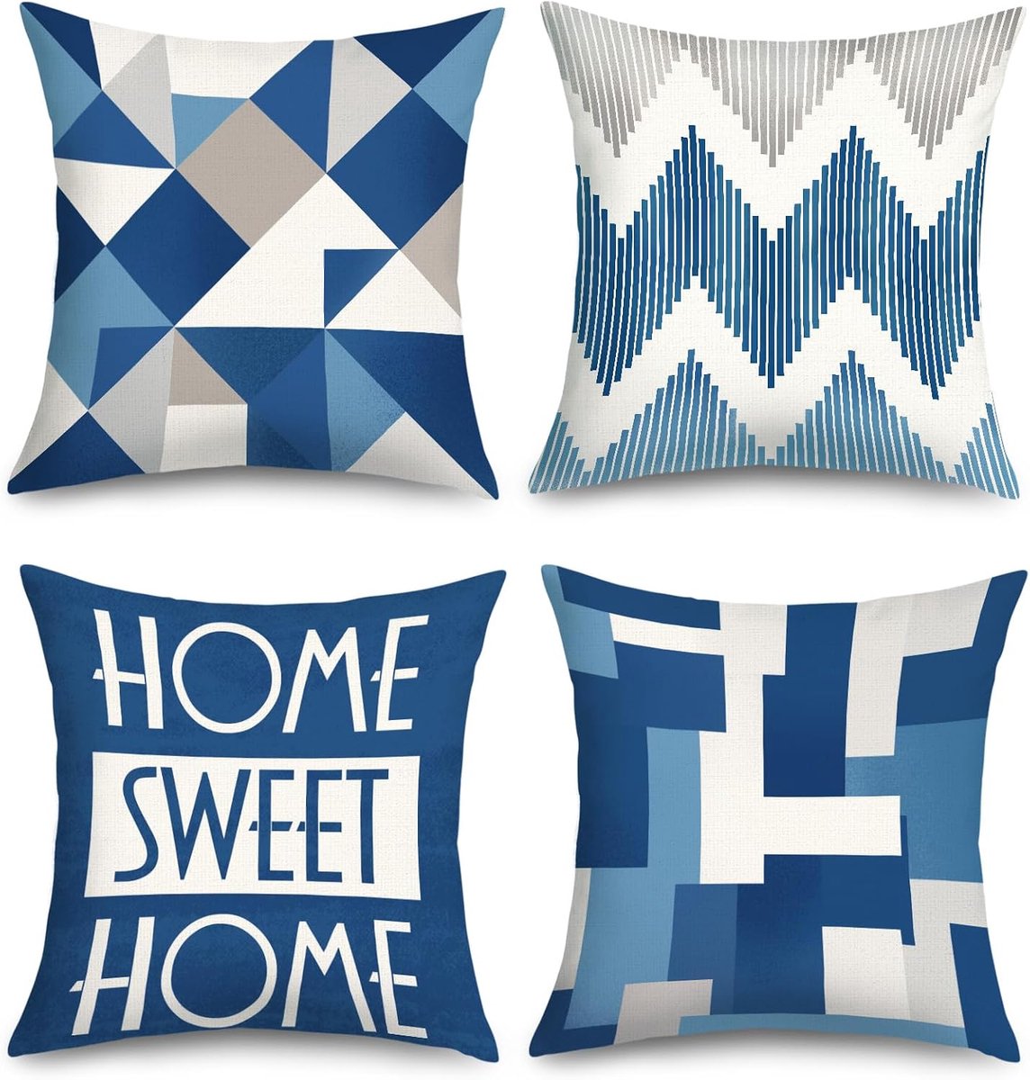 Blauwe geometrische kussenslopen, 45 x 45, pak van 4 stuks, boho, modern, thuis, Sweet Home, vierkant - ShopVlot