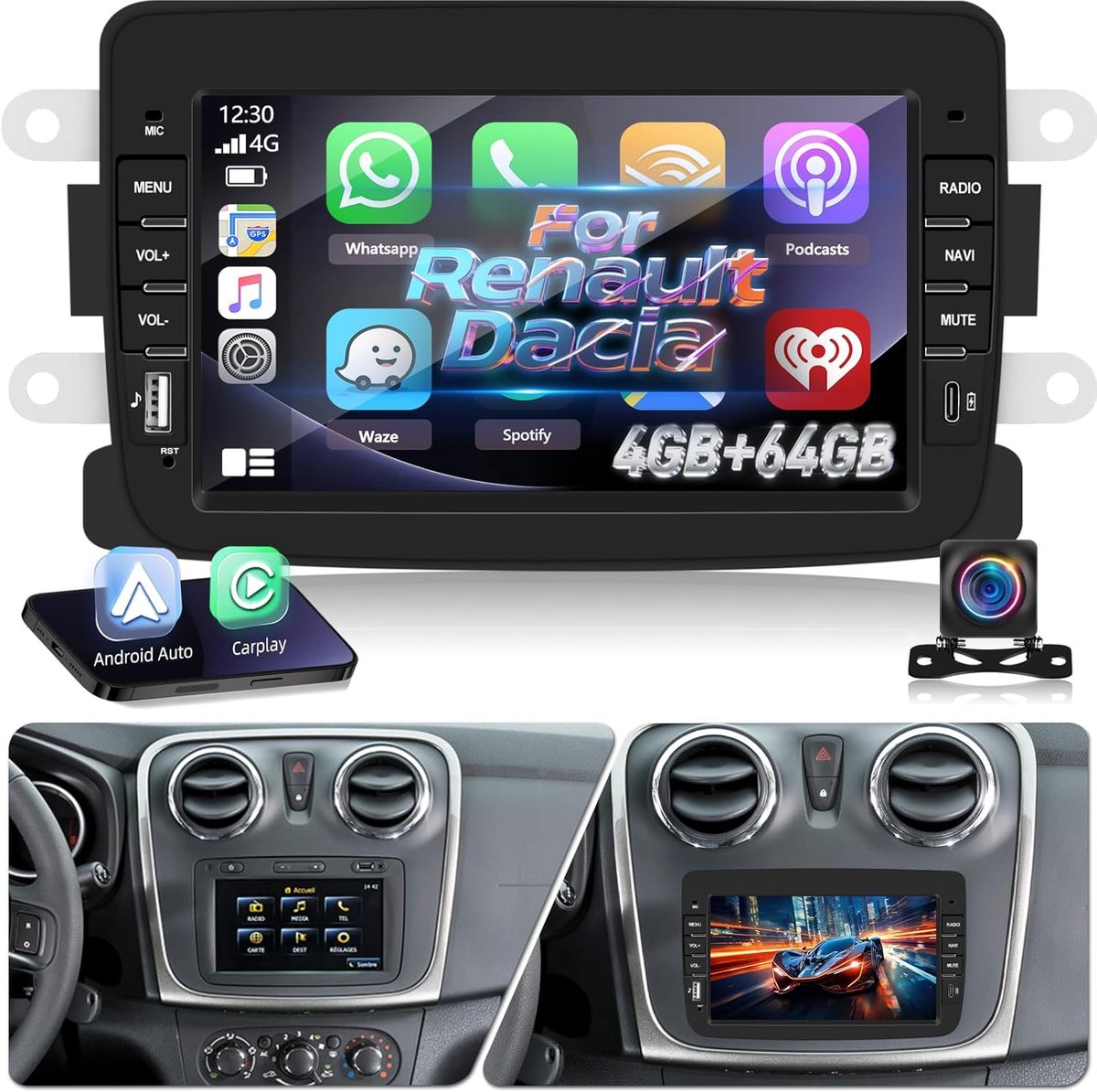 NHOPEEW 4+64G Car Radio for Dacia Duster Sandero Dokker Logan Lodgy - ShopVlot