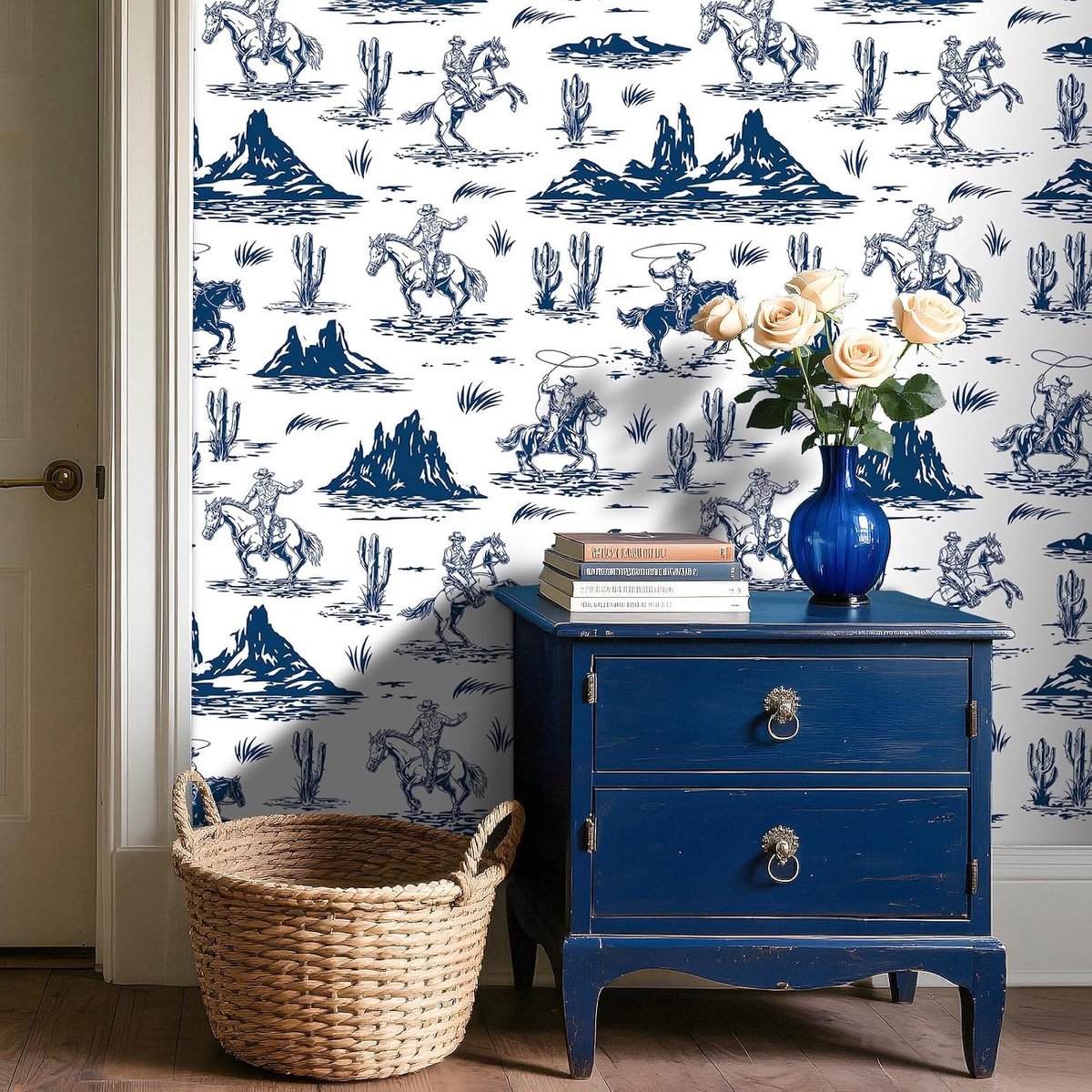 LACHEERY Self-Adhesive Wallpaper Blue White Pattern Western Cowboy 44.5 cm x 200 cm Wall Wallpaper Self-Adhesive - ShopVlot