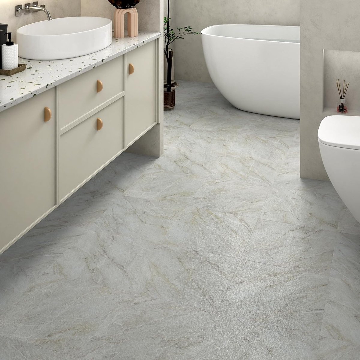 Pack of 4 Vinyl Floor Self-Adhesive Marble Grey and White Self-Adhesive Tiles Washable Vinyl Floor Kitchen Bathroom - ShopVlot