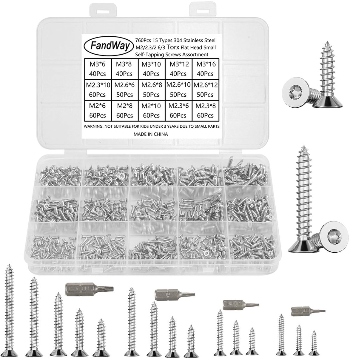 760Pcs Small Self Tapping Screw Set Torx,M2 M2.3 M2.5 M3 Wood Screws Stainless Steel 304,Plate Screws Countersunk - ShopVlot