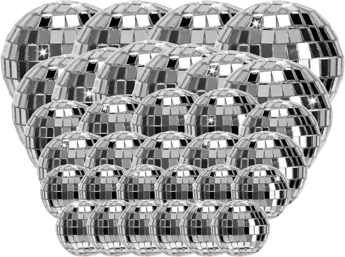 32 Pieces Mirror Disco Balls with Hanging Ring, Disco Balls, Cake Decorations, 4 Sizes, Silver Glitter Mirror Balls as - ShopVlot