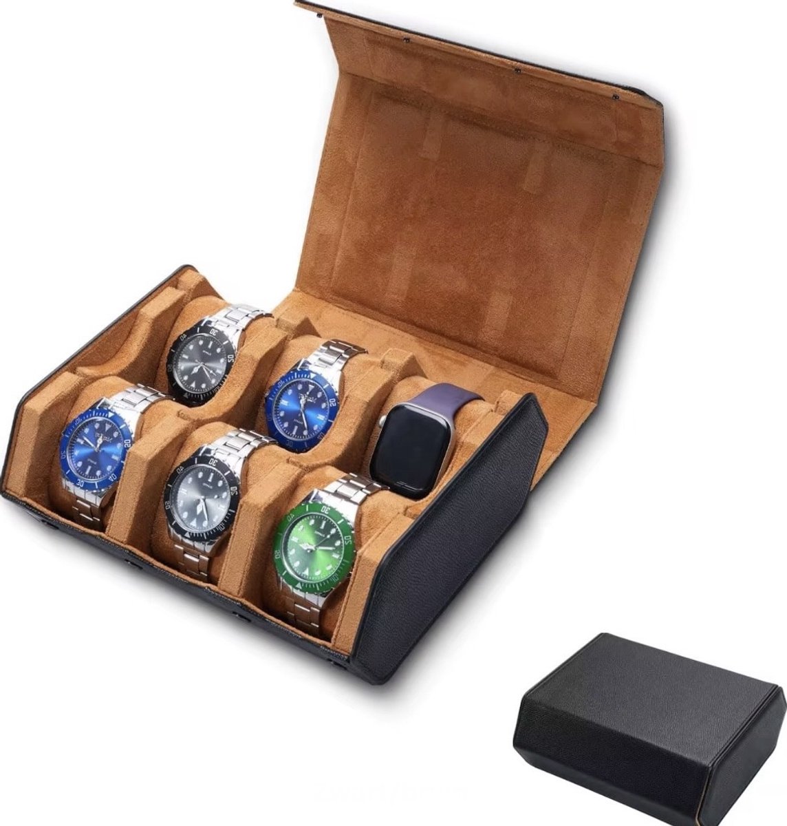 Luxe Octagon Horloge Rol 6 Stuks | Horlogedoos | Horloge Etui Leer | Watch Roll | Horloge Houder Sieradendoos | Zwart