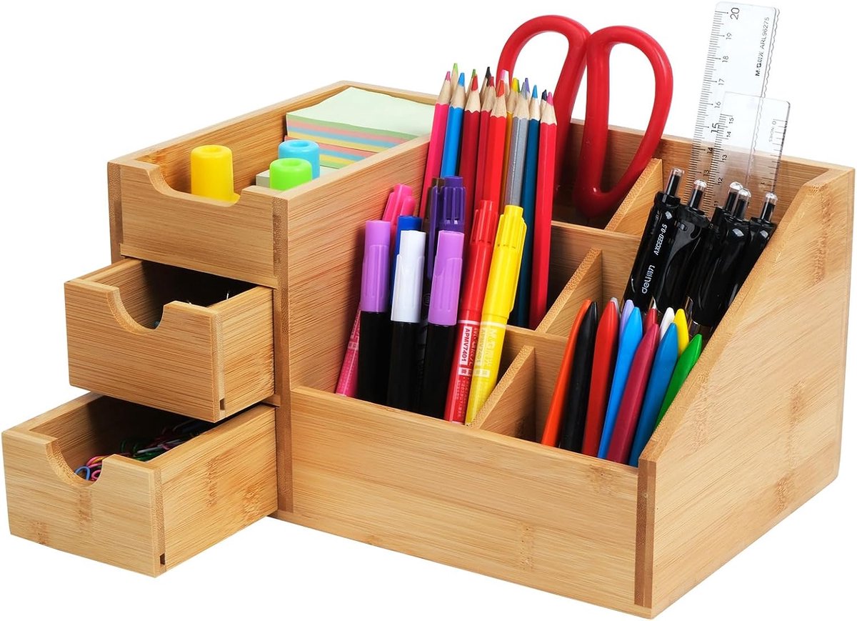 Bamboo Desk Organizer with Drawer, Pen Box, Desktop, Desk Organization, Bamboo Pen Holder for Desk, Multifunctional - ShopVlot