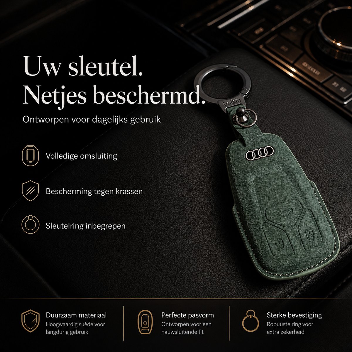 Zirkle Audi Autosleutel Hoesje Type A Groen – Luxe Leren Sleutelcover met Metalen Sleutelring en Hanger – Beschermhoes voor Audi A3 A4 A5 A6 A7 Q3 Q5 TT – Krasbestendige 3D Key Case – Premium Auto Sleutel Accessoire