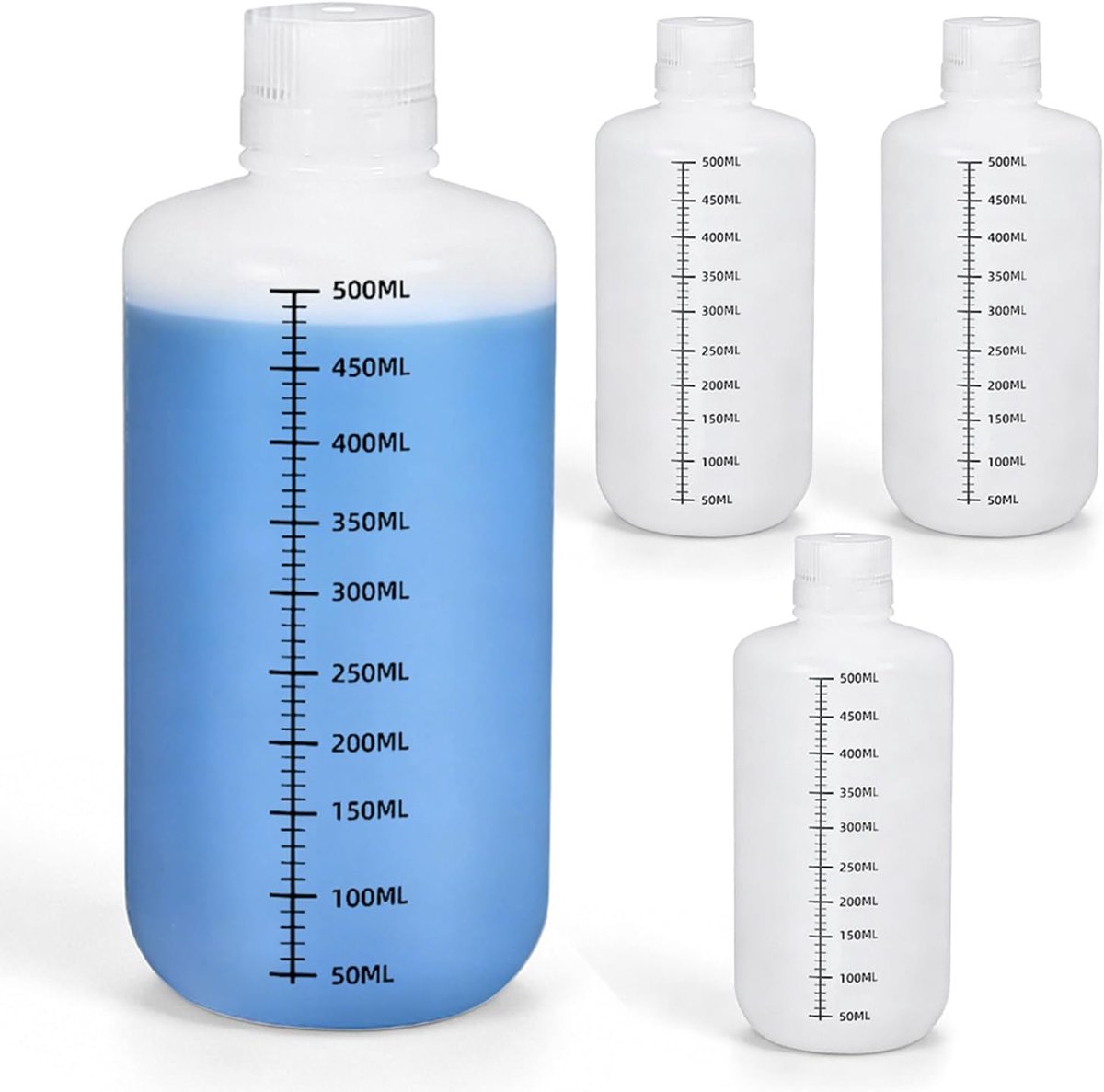 Pack of 4 Wide Neck Bottles, 500 ml, Plastic Laboratory Bottle with Sealing Lid, Refillable Liquid Storage Bottle - ShopVlot