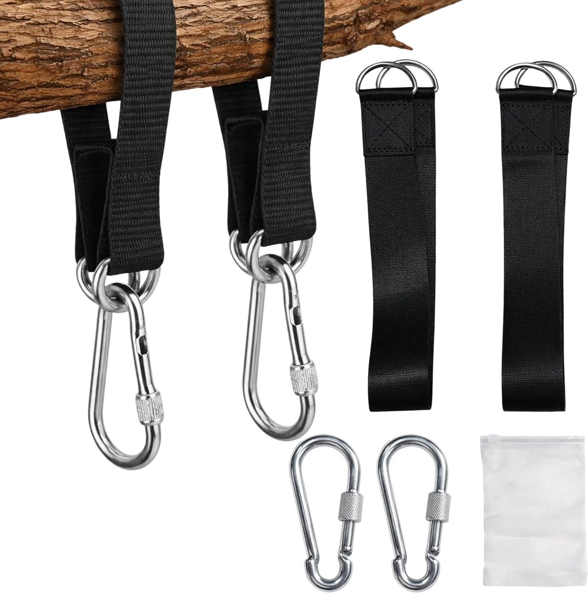 2 stuks schommelbevestigingsset, bevat 2 x 30 cm hangmatriemen, zware belasting, karabijnhaken en D-ringen - ShopVlot