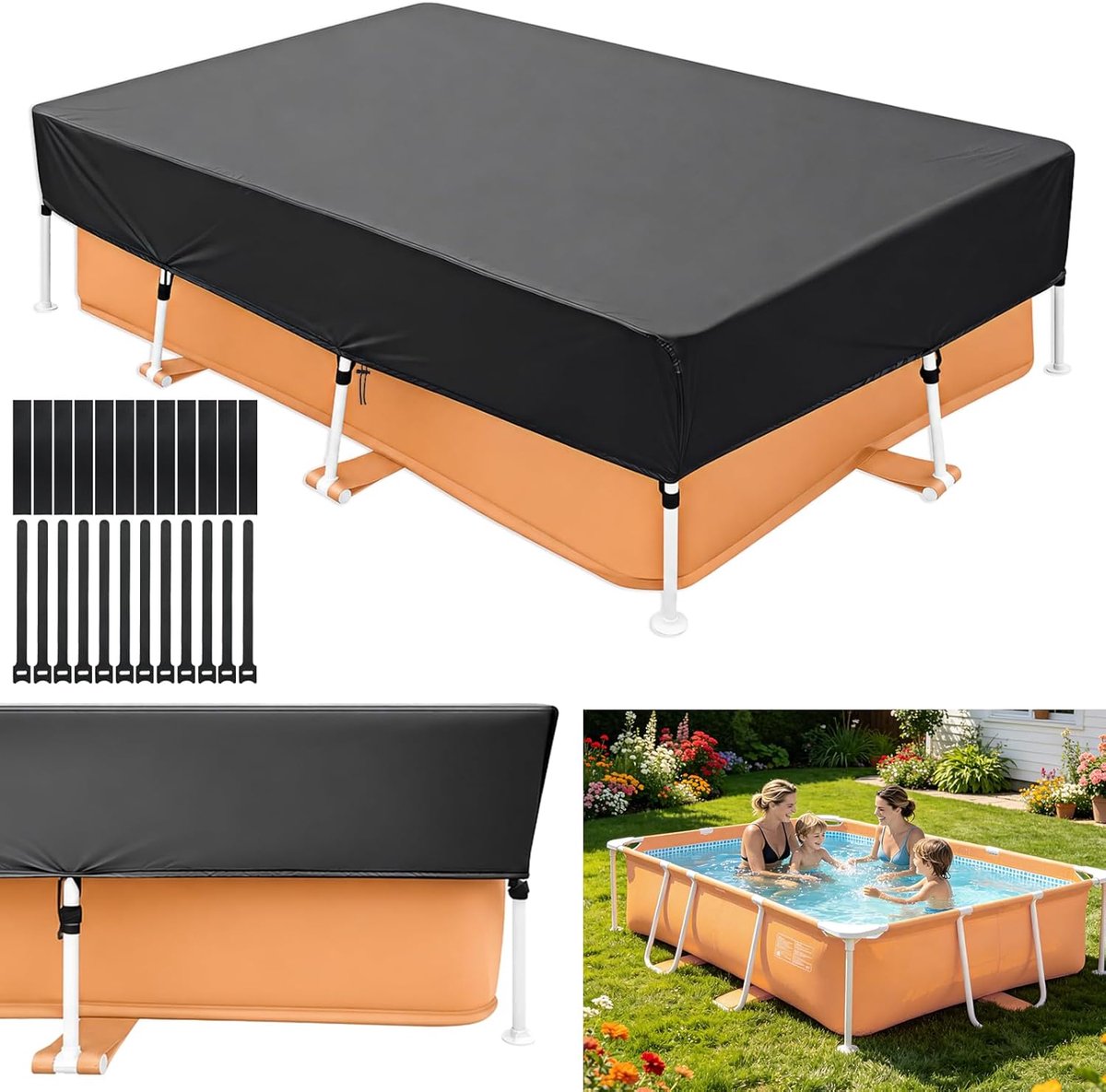 Rectangular Pool Cover, 225 x 150 x 30 cm, 210D Oxford Fabric, Pool Cover, Waterproof, Dustproof, UV Protection - ShopVlot