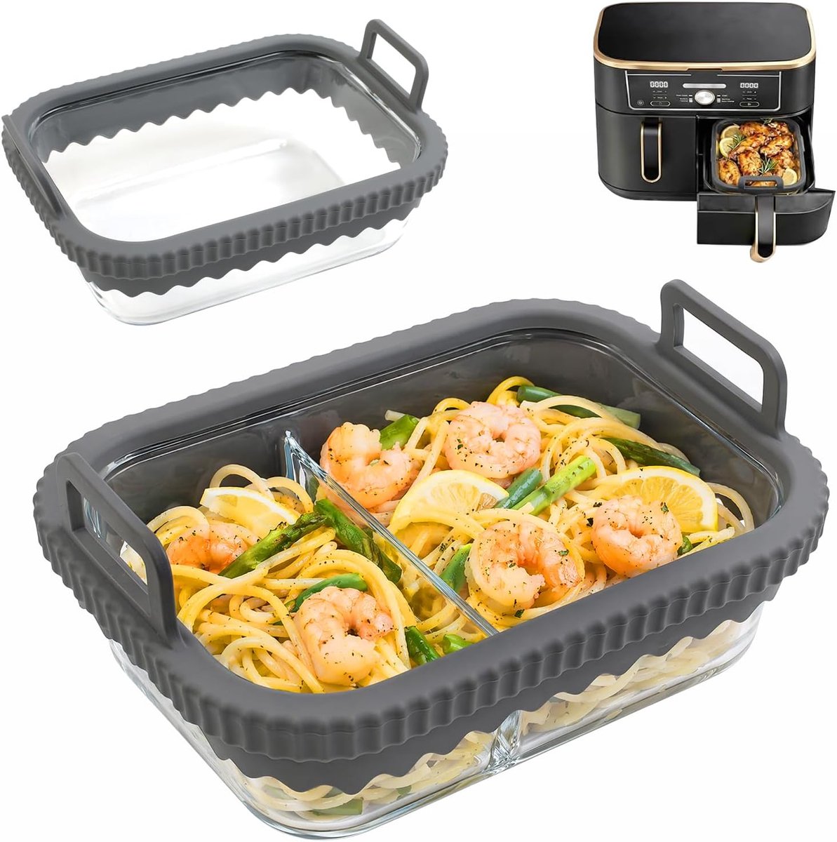 Ovenvorm Airfryer, set van 2 (1-voudig + 2-vak) met siliconen handgrepen en deksels, hittebestendig, krasbestendig - ShopVlot