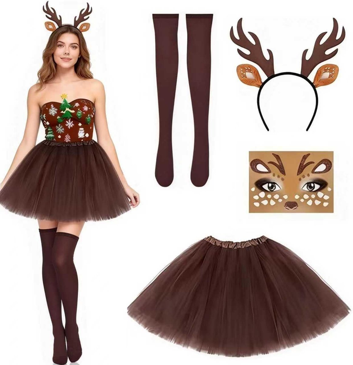 Antler Costume Set Reindeer Costume with Brown Tulle Skirt Antler Hair Band Face Tattoo Sock Carnival Theme Party - ShopVlot