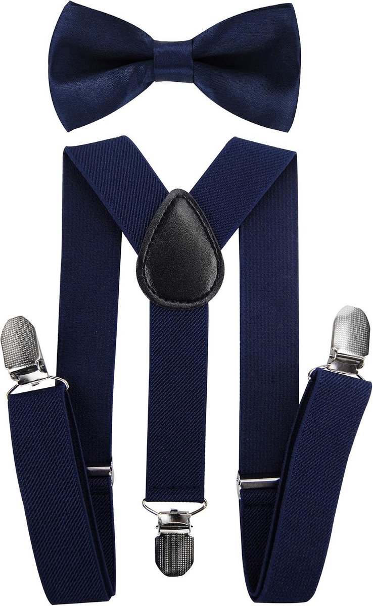 axy High-quality children's suspenders Y-shape with bow tie 3 clips, extra strong, solid colours (black blue) - ShopVlot