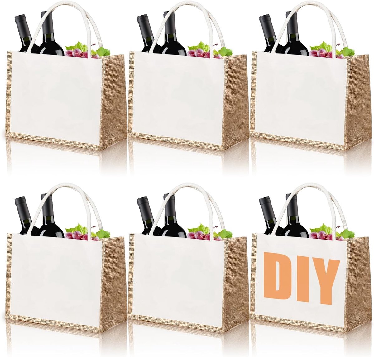 YAYODS Pack of 6 Fabric Bags, 35 x 15 x 27 cm, White, Reusable Cotton Bag with Handles, Carry Bag, Jute Bag - ShopVlot