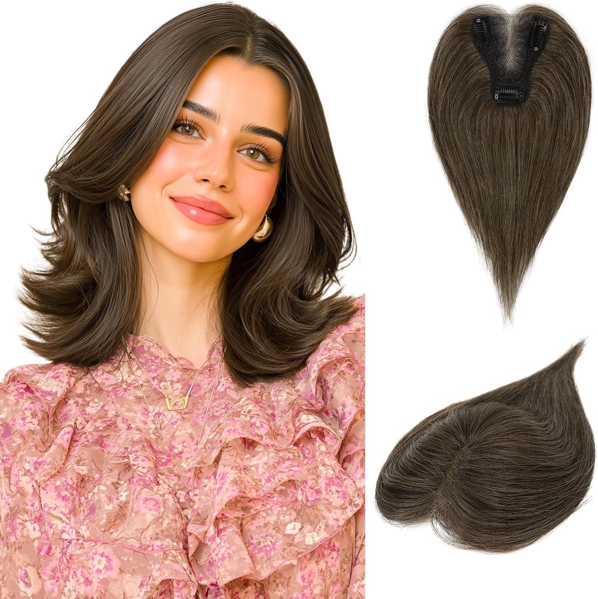 RUWISS Women's Real Hair Topper, Real Hair Topper, Brown, Straight Hair Topper, Clip-In Hairpiece, No Fringe, for Women - ShopVlot