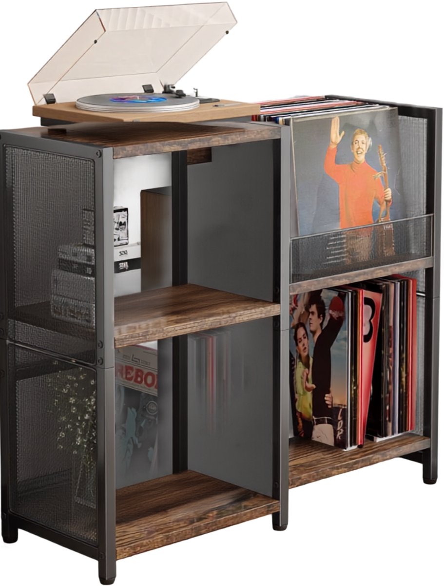 SNJY® Platenspeler Meubel - Platenspeler Kast - LP Houder - Platenhouder - 29,5D x 81,5B x 76,5H cm - Hout/Metaal