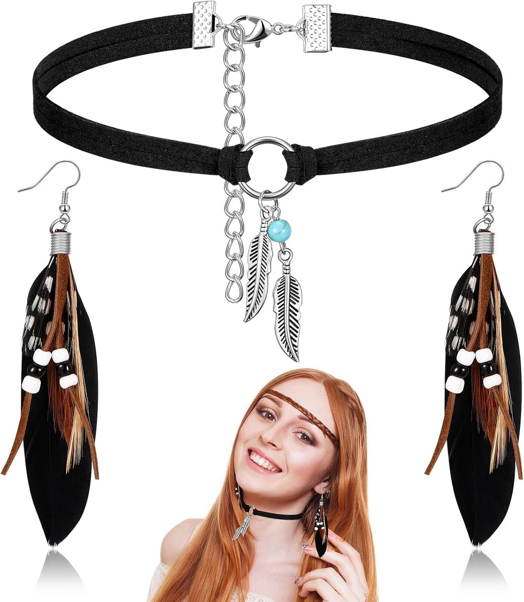 Jadive Feather Earrings with Pearls Indian Jewelry Set Leather Collar Retro Bohemian Steampunk for Women (Black) - ShopVlot