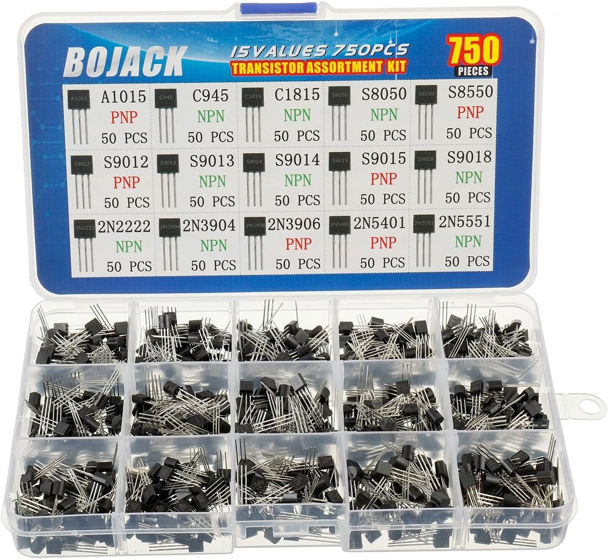 BOJACK 15 values 750 pieces A1015 C945 C1815 S8050 S8550 S9012 S9013 S9014 S9015 S9018 2N2222 2N3904 2N3906 2N54011 - ShopVlot