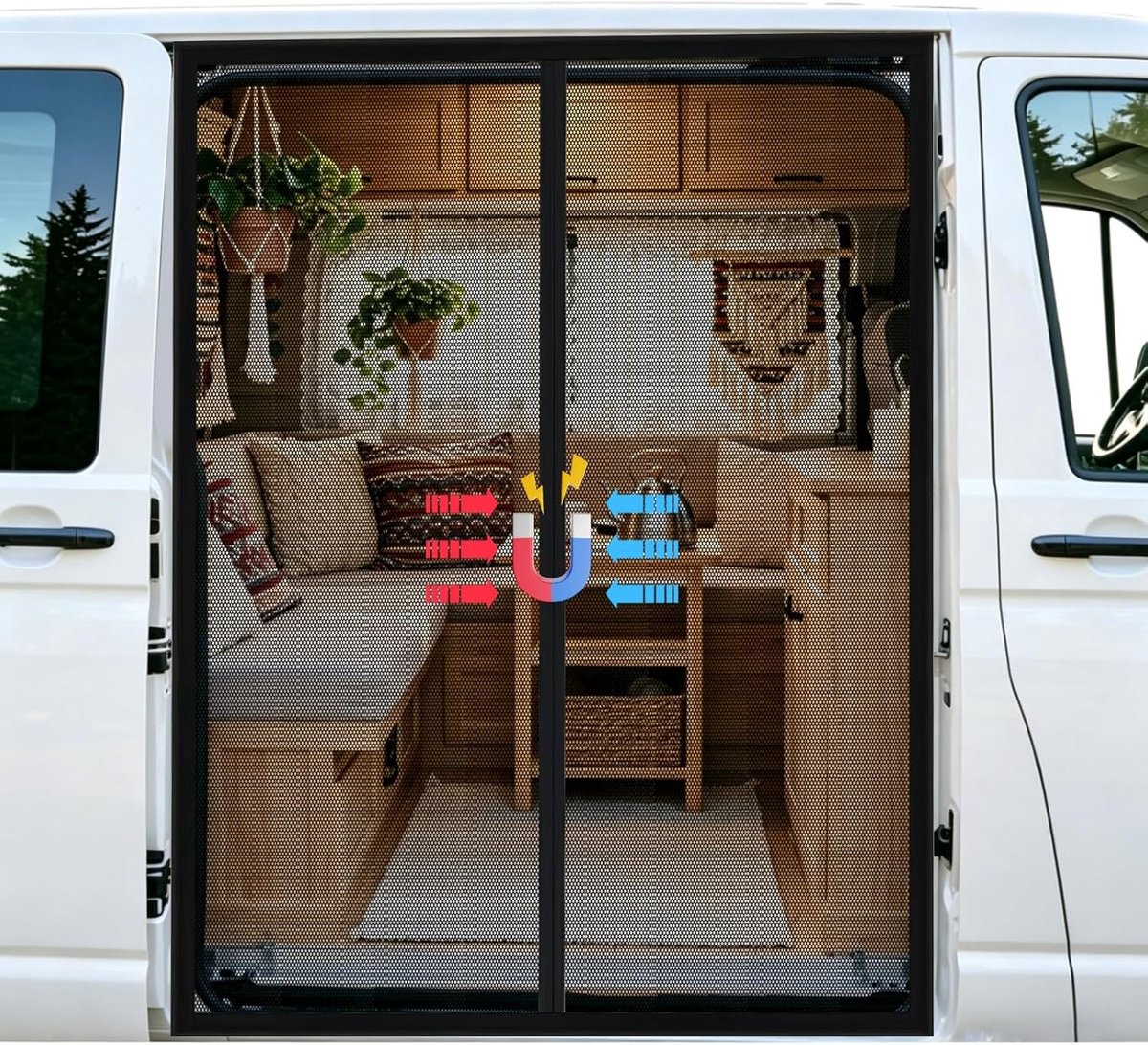 Magnetisch muggennet voor schuifdeur van VW T5 T6, sterke magneetsluiting, insectenbescherming en zonwering, ideaal voor camping en buitenactiviteiten