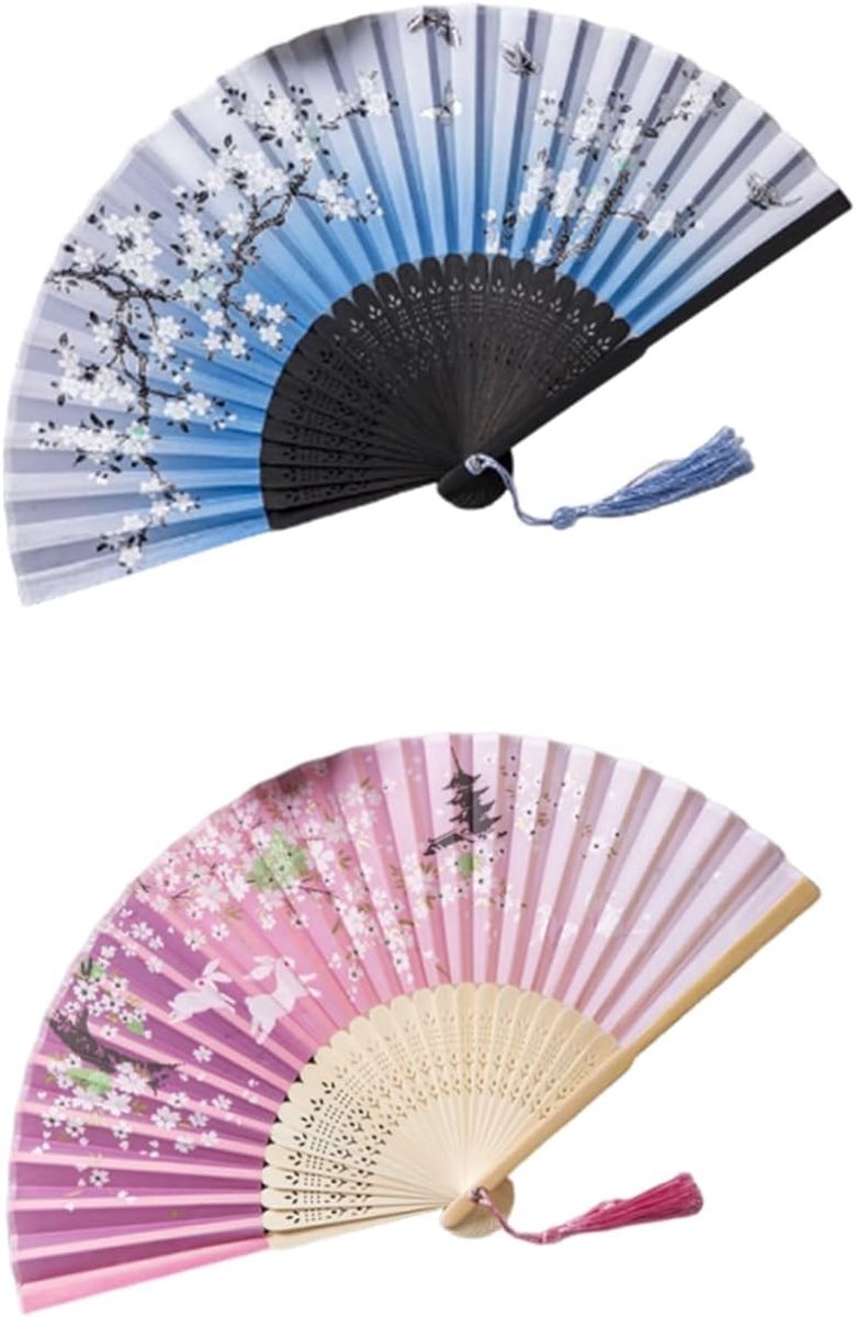 Handwaaiers, set van 2 van bamboe, vouwwaaiers in Chinese vintage-stijl met bloemenpatroon, perfect voor zomer, party - ShopVlot