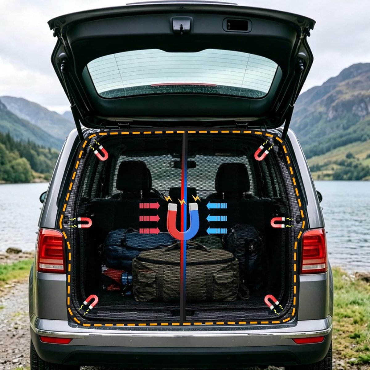 Magnetisch muggennet voor achterdeur VW T5 en T6, sterke magneetsluiting, insectenbescherming, zonwering en campingaccessoires, fijn vliegengaas voor optimale ventilatie
