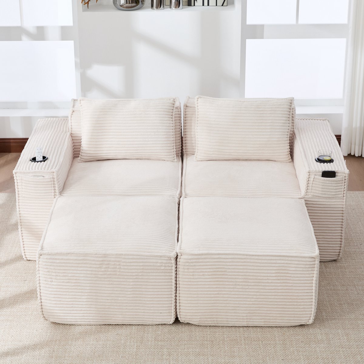 DESMIU Bank Set 188 x 162 cm - Modulaire 2-Zitsbank Met 2 Hockers, Bekerhouders En Zijvakken - Voor Woonkamer En Appartement - Cord Beige