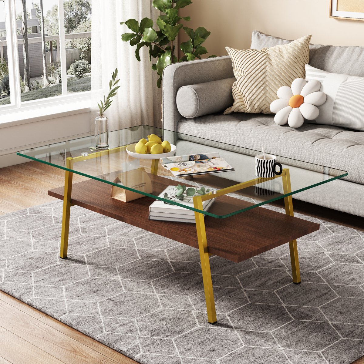 COVREO Salontafel 98x58 cm goud en bruin, glas en MDF rechthoekig