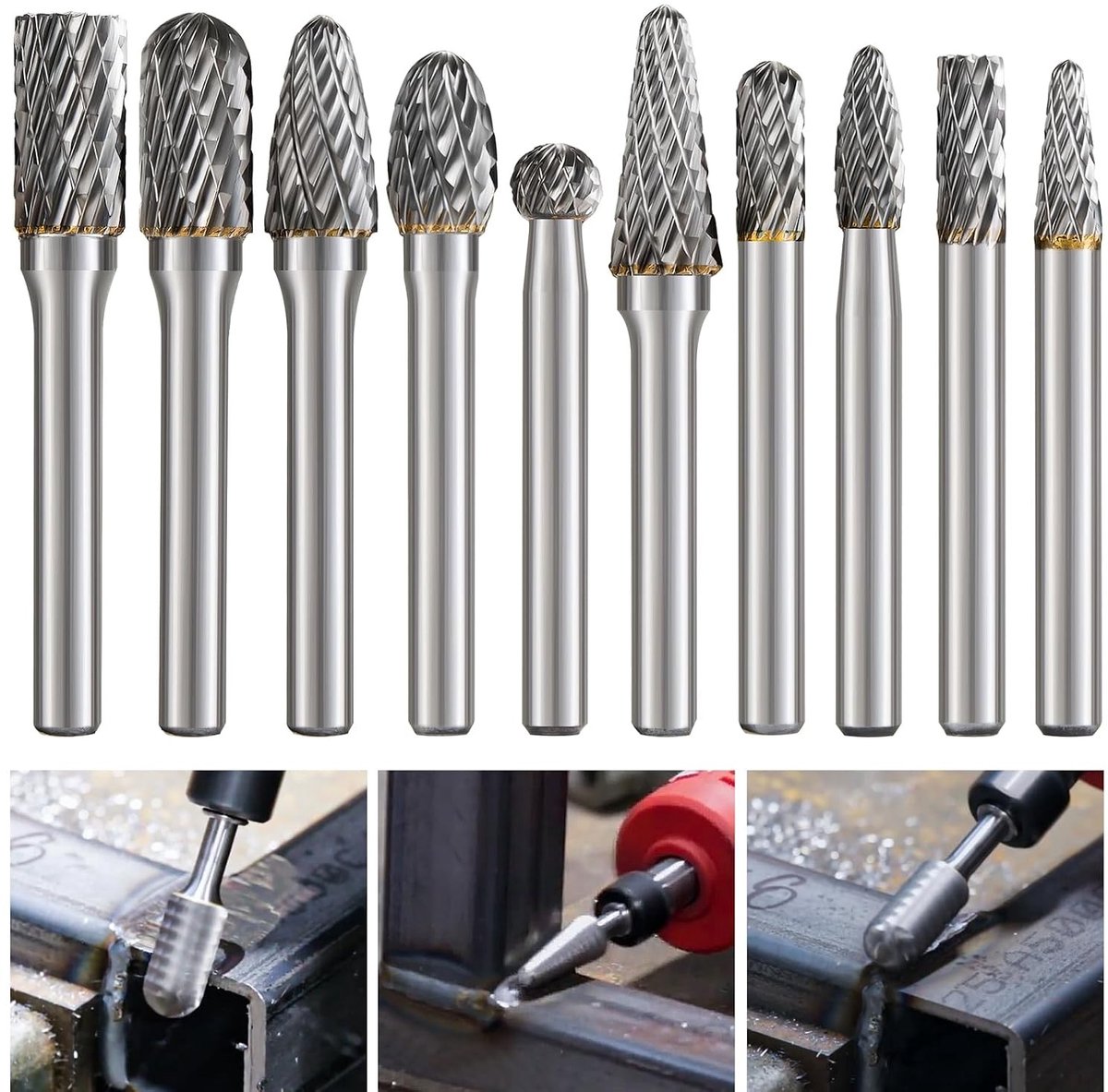 Set van 10 Dubbel Geslepen Tungsten Carbide Freesboren met 6mm Schacht voor Metaal, Hout en Steenbewerking, Ideaal voor Ontbramen en Precisiewerk