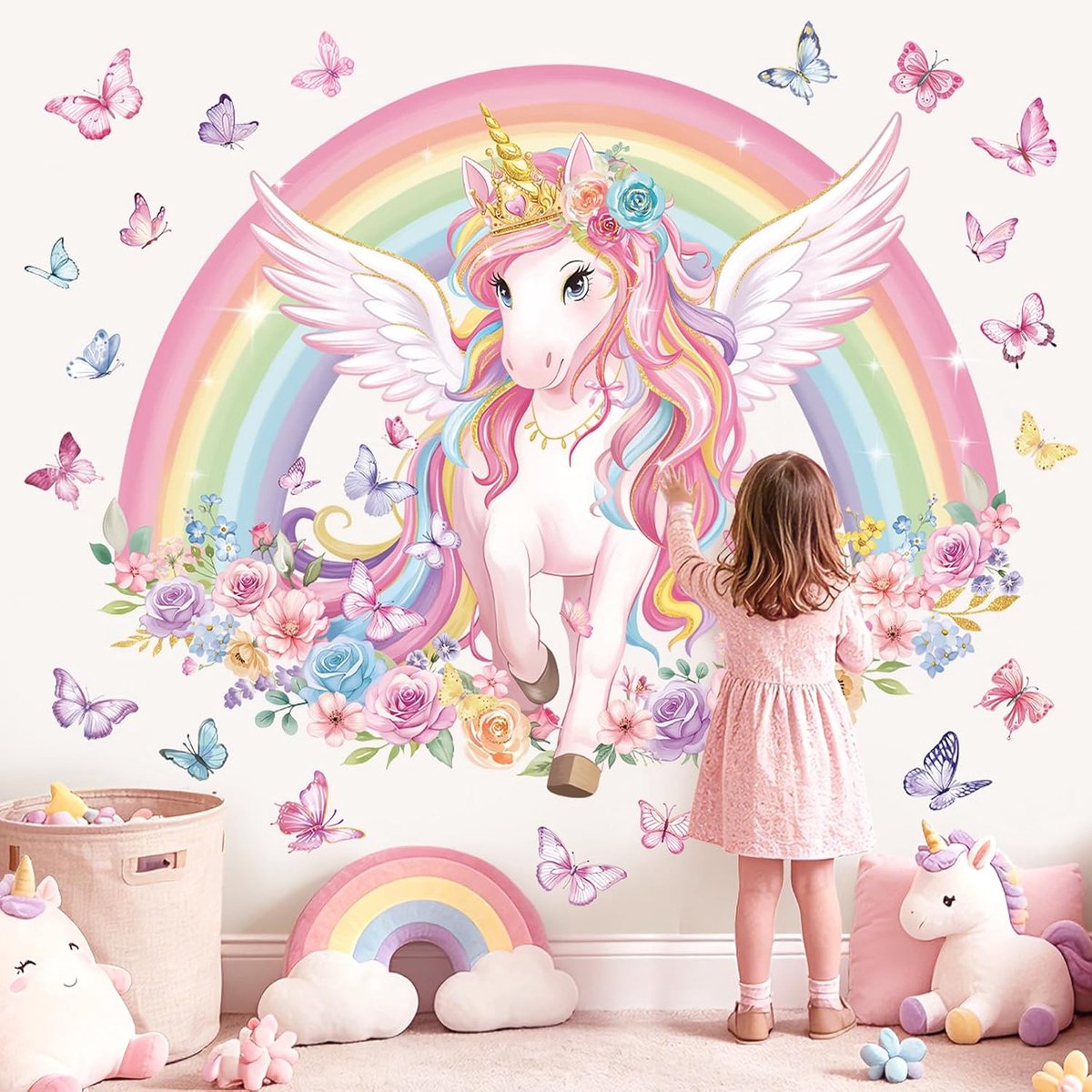 Muurstickers eenhoorn - Regenboog bloemen en vlinders - Levende kleuren - Decoratie voor kinderkamer - ShopVlot