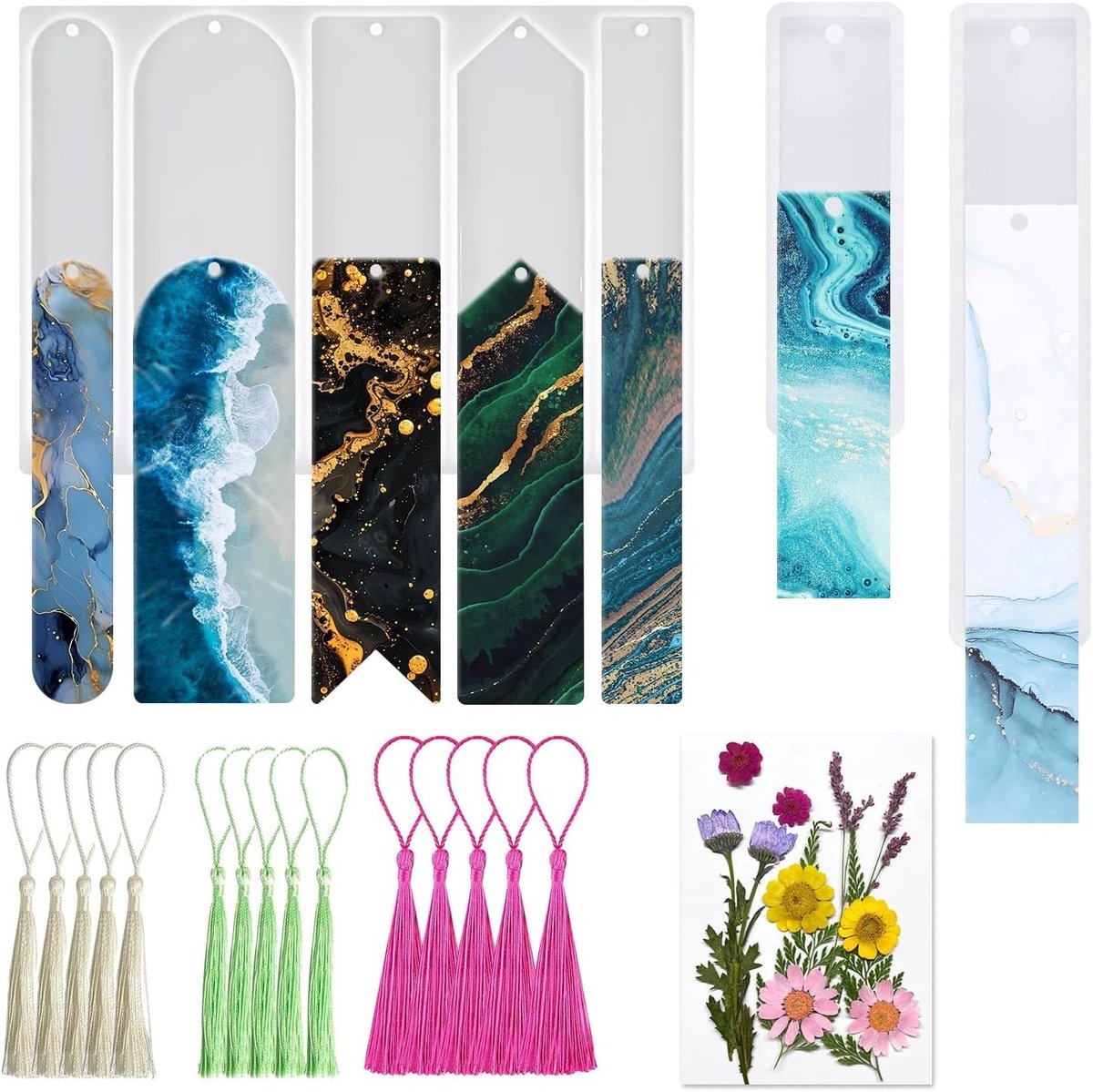 3 Stuks DIY Boekenlegger Gietvormen met 7 Verschillende Ontwerpen, Silikon Mold voor Epoxy Hars, Inclusief 15 Kwastjes en 12 Gedroogde Bloemen voor Creatieve Boekenleggers