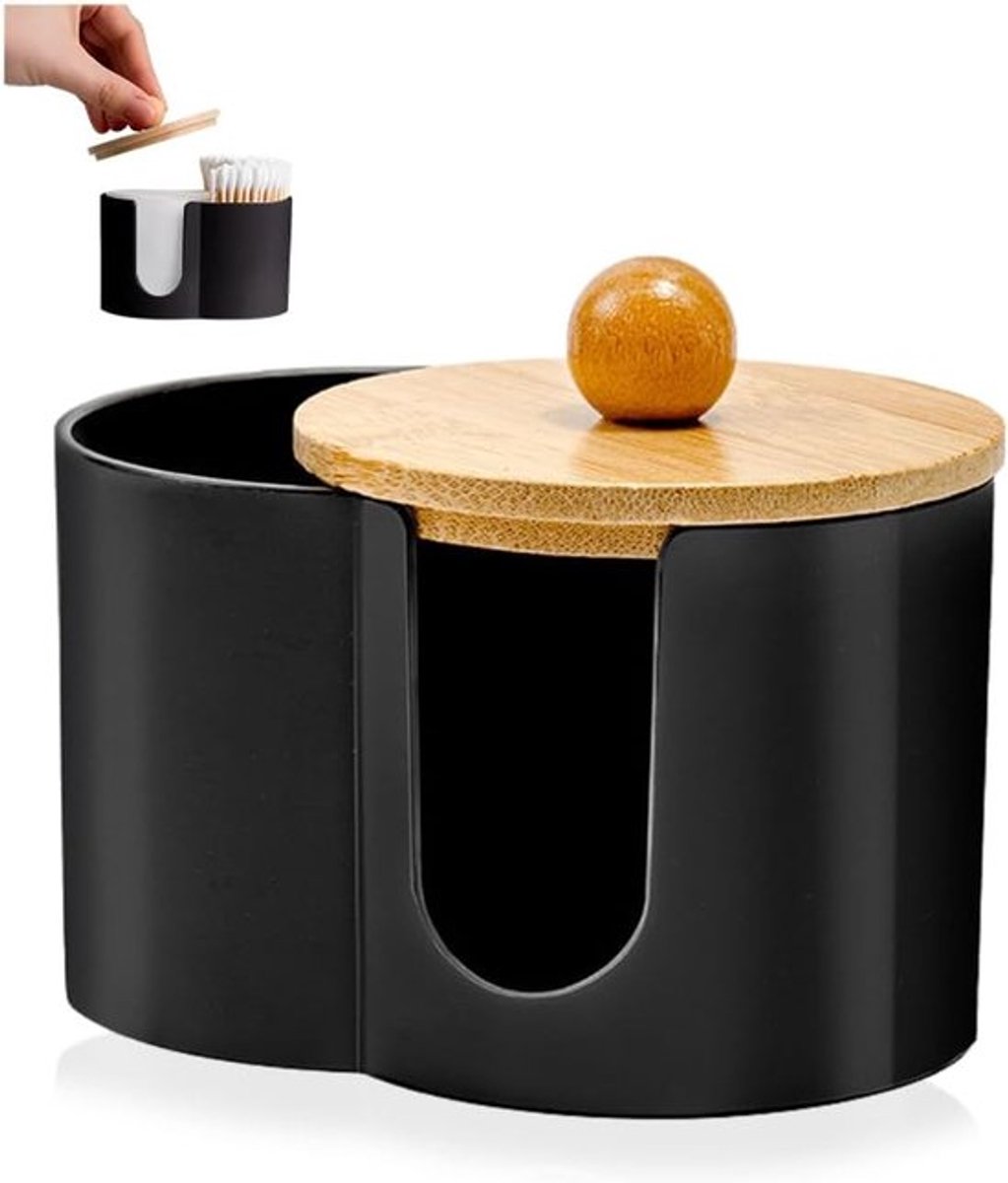 2-delige zwarte opbergdoos voor wattenschijfjes, opbergdoos voor make-up verwijderingspads, dispenserdoos voor wattenschijfjes, opbergdoos voor wattenschijfjes met bamboe deksel, organizer voor wattenschijfjes