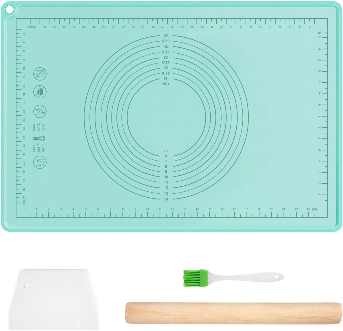 Siliconen Bakmat met Rand, 70 x 50 cm, Inclusief Deegroller en Bakborstel, Ideaal voor Brood, Koekjes en Pizza, Met Meetfunctie en Deegkaart voor Perfecte Resultaten