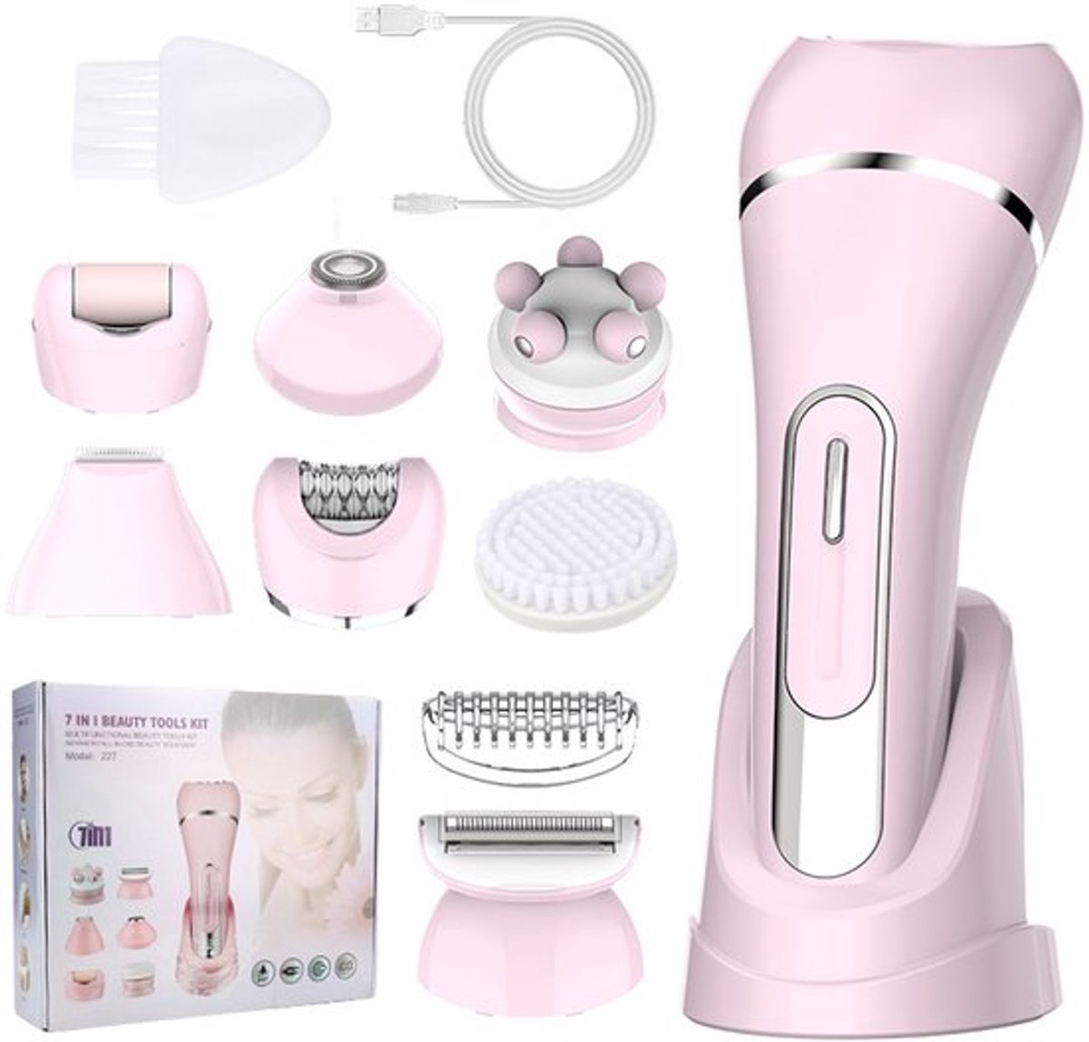 Epilator voor Vrouwen - 7-in-1 Haarverwijdering Apparaat met Massagekop en Reinigingsborstel - Bikinischaver - IPX7 Waterdicht - Draadloos - Roze