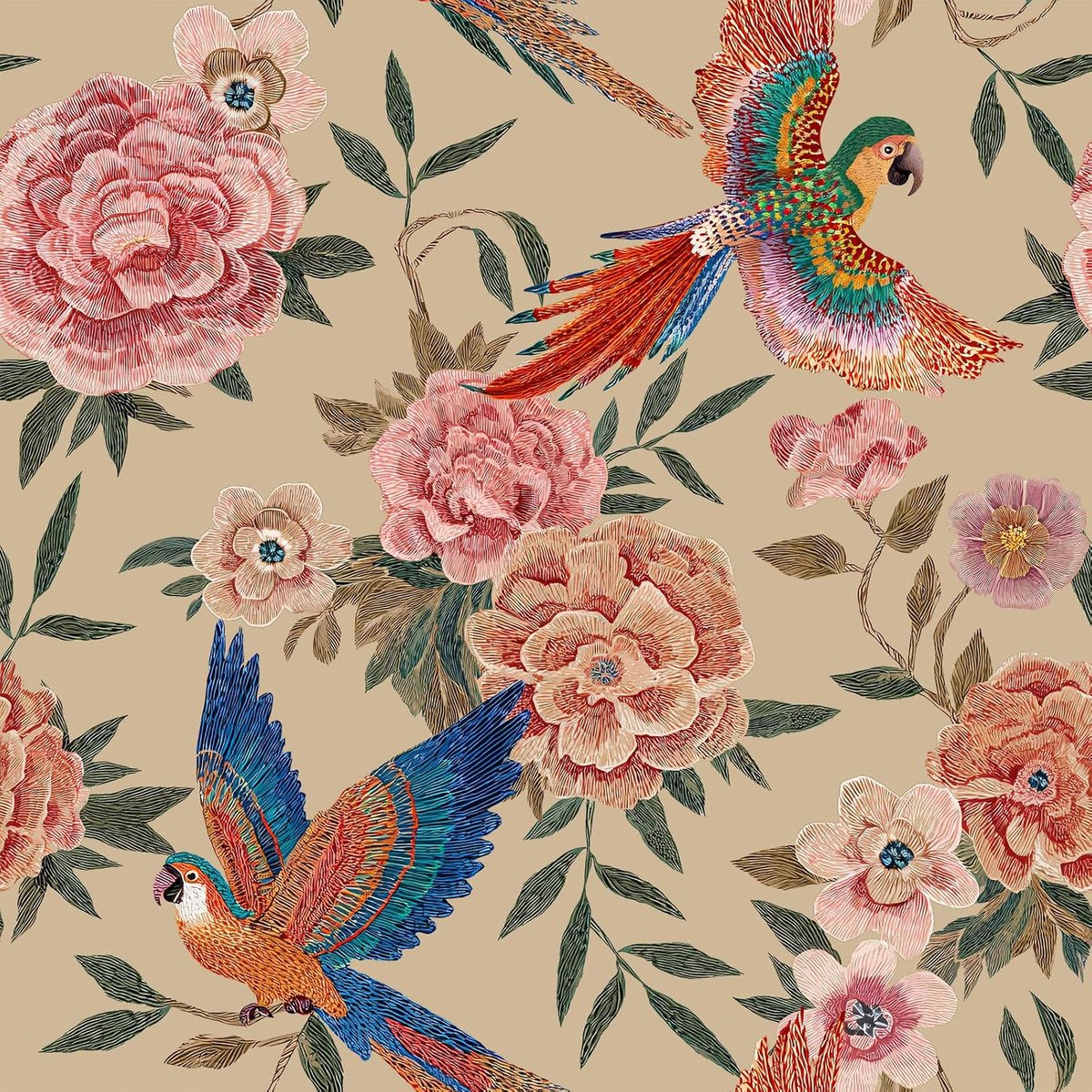 Behang bloemen zelfklevend 44,5 cm x 400 cm - vintage papegaai patroon - waterdichte folie - ShopVlot