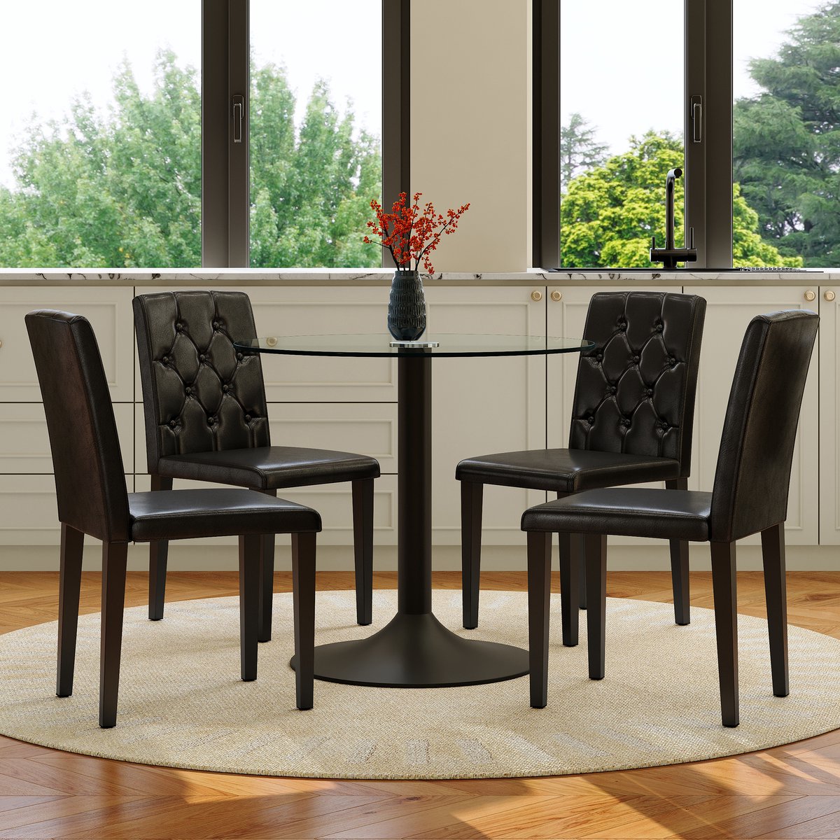 COVREO Eettafelset 85 cm zwart transparant, glas en metaal, 4 stoelen