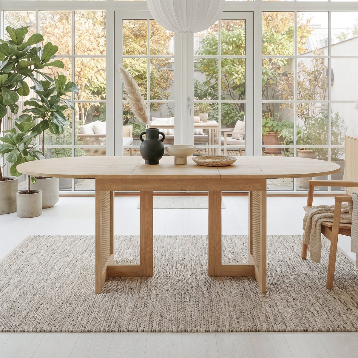 DESMIU Uitschuifbare Eettafel - Afgeronde Hoeken En Rattan Details - Voor 6 Tot 8 Personen - MDF - Eiken - 150 Tot 200 X 90 Cm