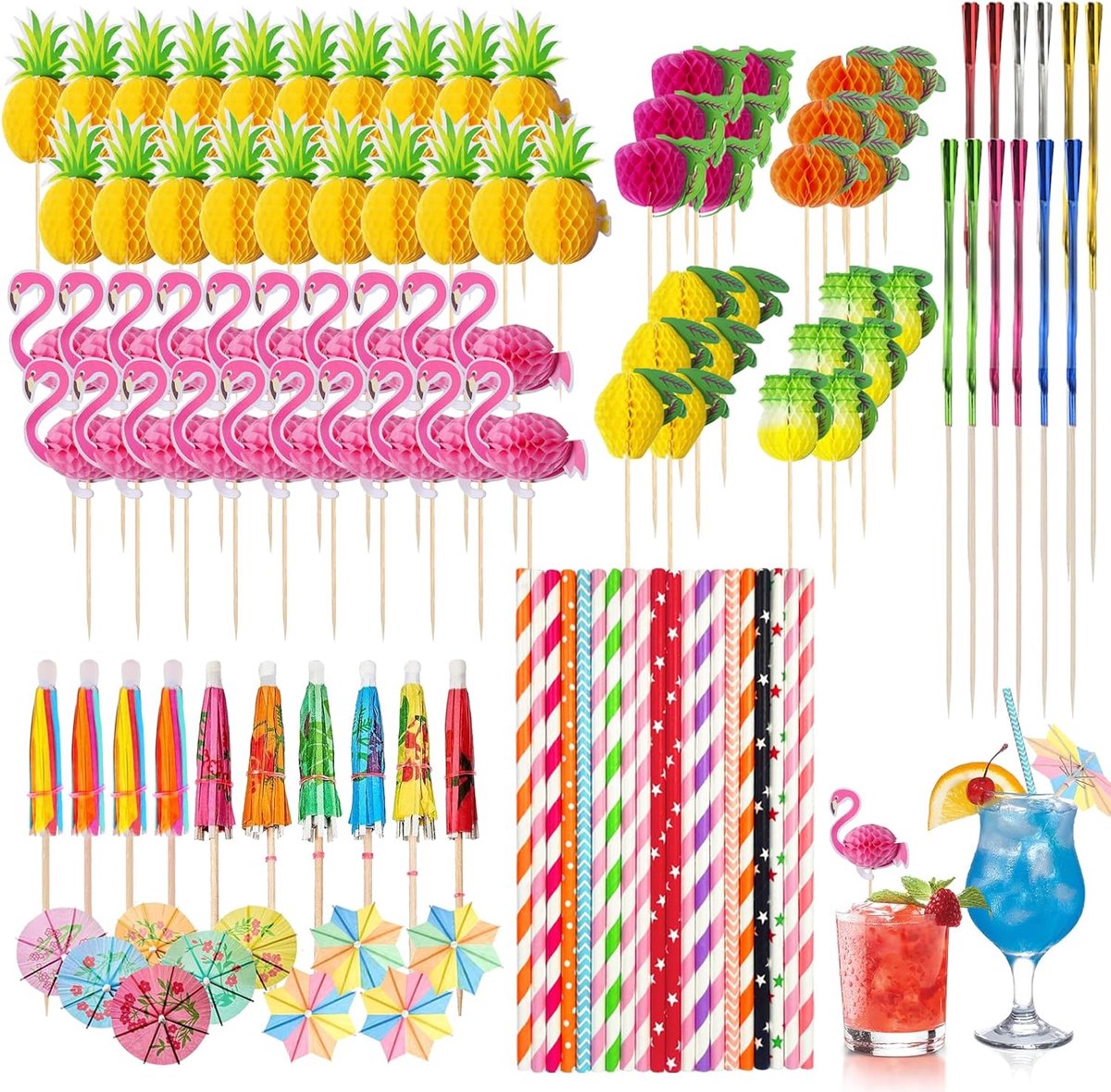 Cocktaildecoratie 130 Stuks - Hawaïaanse Parasols en Rietjes - Vrolijke Flamingo's en Ananassen - Perfect voor Feestjes - ShopVlot