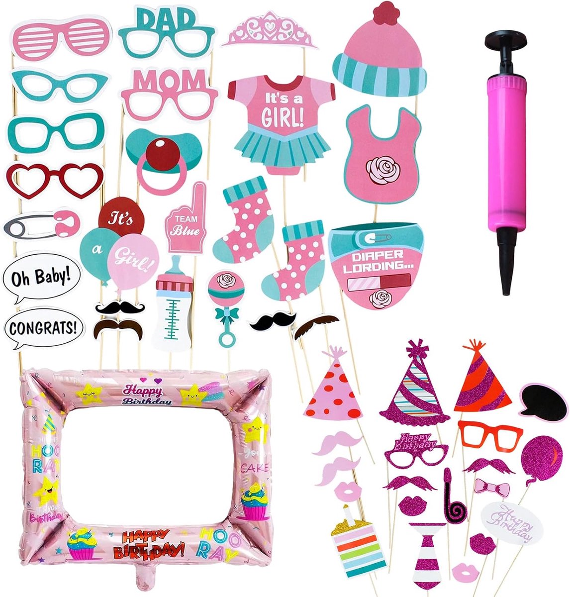Fotoprops set 47 - Opblaasbaar roze met pomp - Voor babyshower en geboorte - Creëer unieke herinneringen - ShopVlot