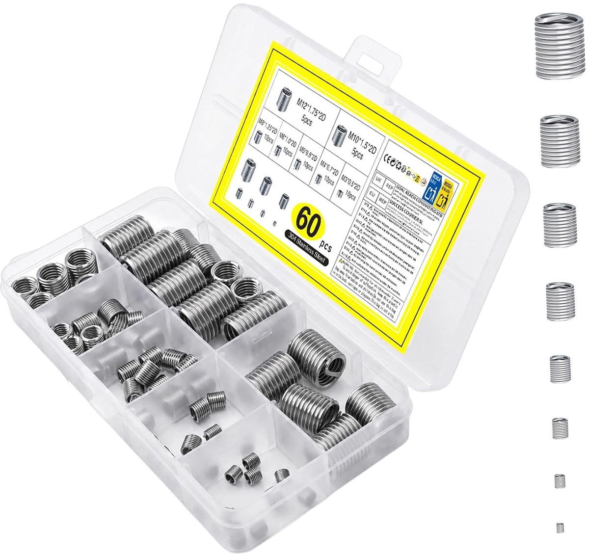 Schroefdraadinzetstukken 60 stuks - Helicoil M3 M4 M5 M6 M8 M10 M12 - zelftappend - ideaal voor schroefdraadreparatie - ShopVlot