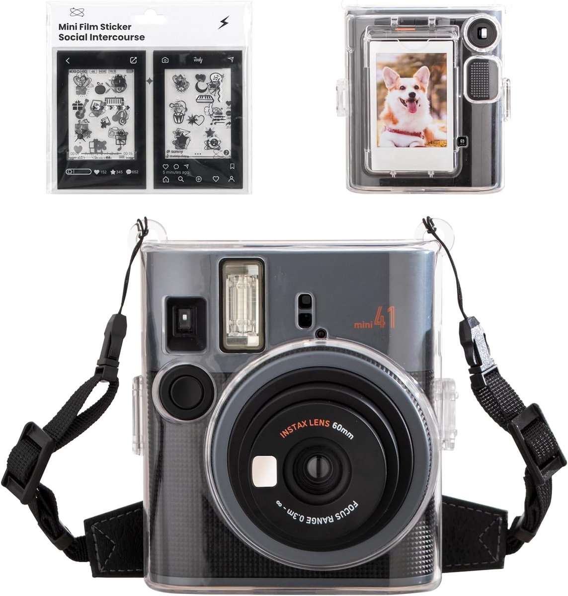 Transparante hoes voor Instax Mini 41 - Hard PVC met fotovak - Inclusief verstelbare leren schouderband - ShopVlot