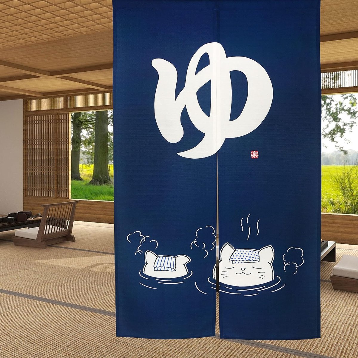 Noren deur gordijn 85x150 cm - Japanse stijl - twee katten in warmwaterbron - ruimteverdeler voor geluk - ShopVlot