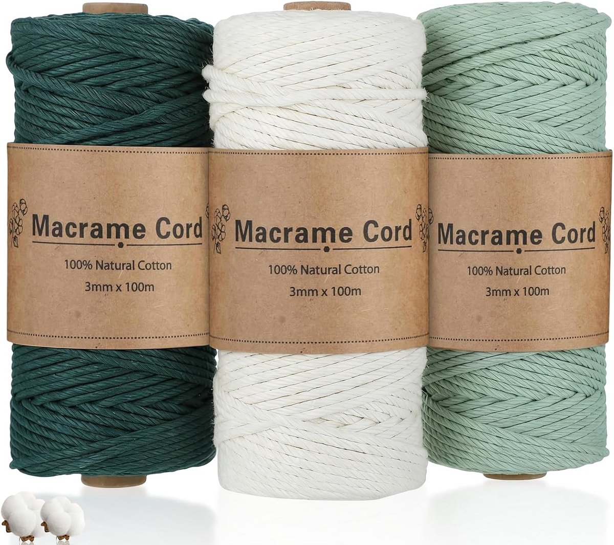 Macramégaren 3 mm x 100 m - Katoen - Lichtgroen, donkergroen en lichtwit - Ideaal voor wandkleden en plantenhangers - ShopVlot