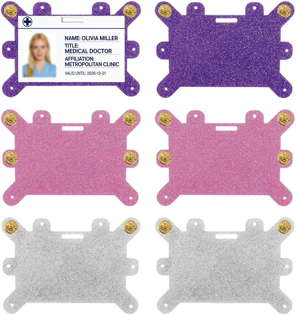 Badge pin houder set - 6 glitterhouders met 16 sluitpin ruggen - 3 kleuren - ShopVlot