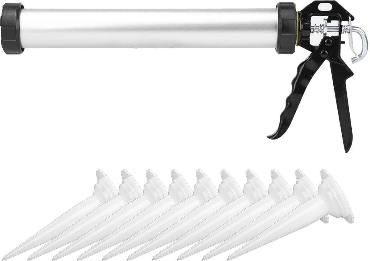 Kitpistool 600 ml met 10 Sproeimonden - Aluminium Siliconen Kitspuit voor Nauwkeurig Aanbrengen van Afdichtmiddelen - Professioneel Voegpistool voor Bouw, Renovatie en Doe-Het-Zelf Klussen - Duurzaam Kitgereedschap voor Precisiewerk