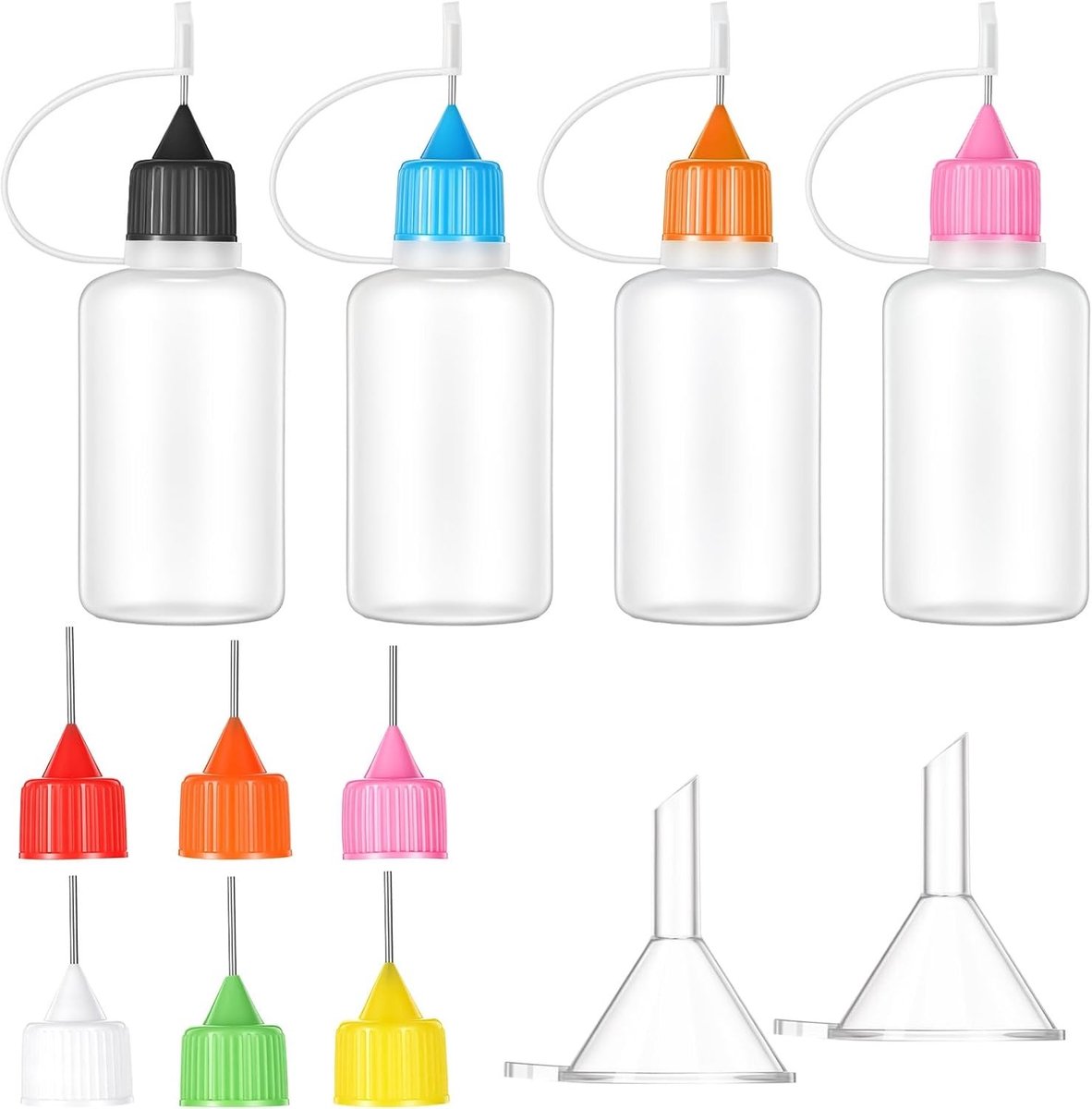 Set van 4 Precisie Applicator Flessen met Fijne Punt, Ideaal voor Lijm, Olie en Inkt, Inclusief 2 Mini Trechters voor Creatieve DIY Projecten