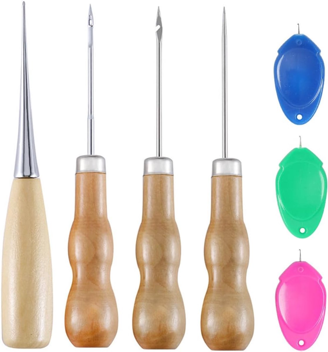 Ponsset 4-delig - Houten handvat - Inclusief naaldinrijgers - Ideaal voor leerbewerking - ShopVlot